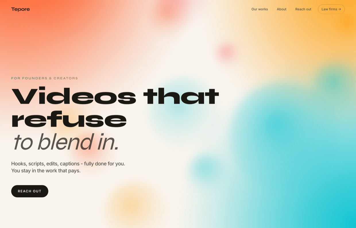 Sitio web de Tepore con el titular Videos that refuse to blend in